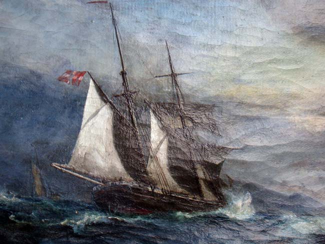 An oil painting on canvas of a Danish ship off the coast signed and dated "A. Probert 1905" — image 2